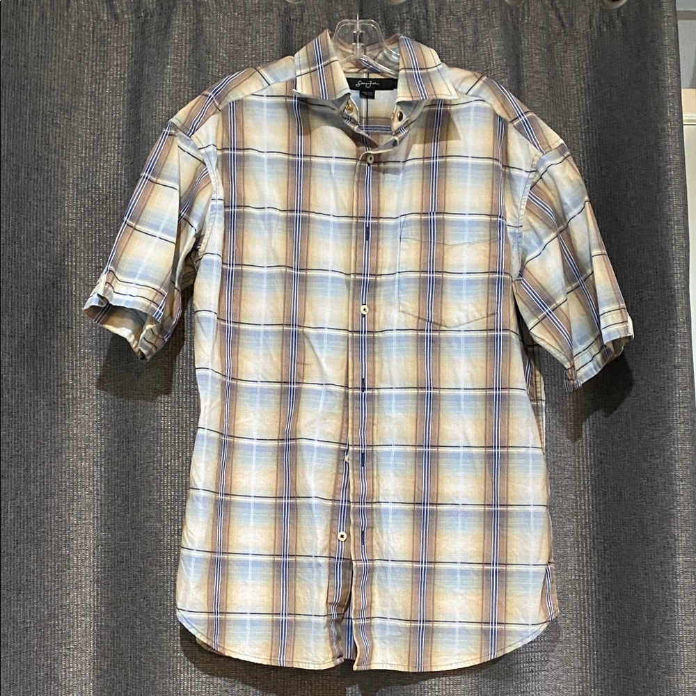 Sean John Beige and Blue Plaid Casual Shirt